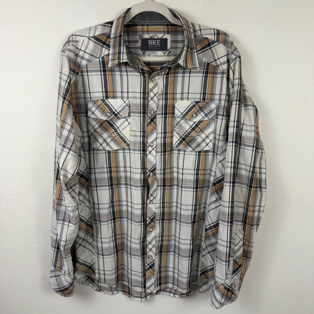 BKE Athletic Fit Mens Large Plaid Western Pearl Snap Long Sleeve Shirt White Tan